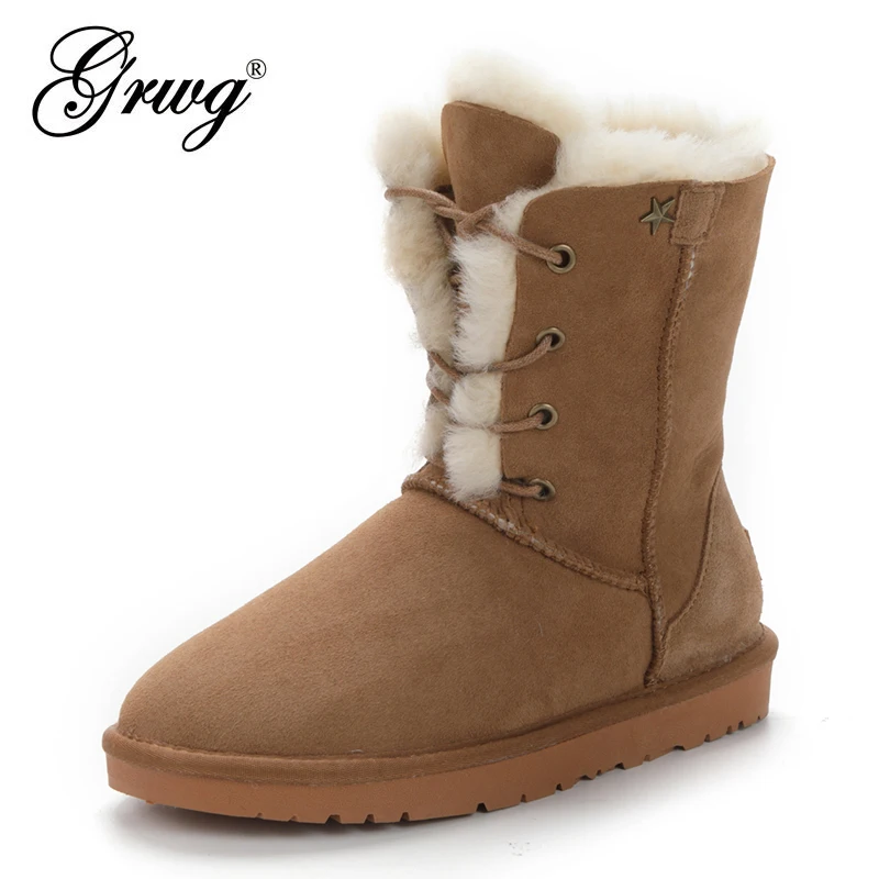 

GRWG Fashion Sheepskin Suede Leather Women Casual Short Winter Snow Boots Natural Sheep Wool Fur Lined Warm Shoes Waterproof