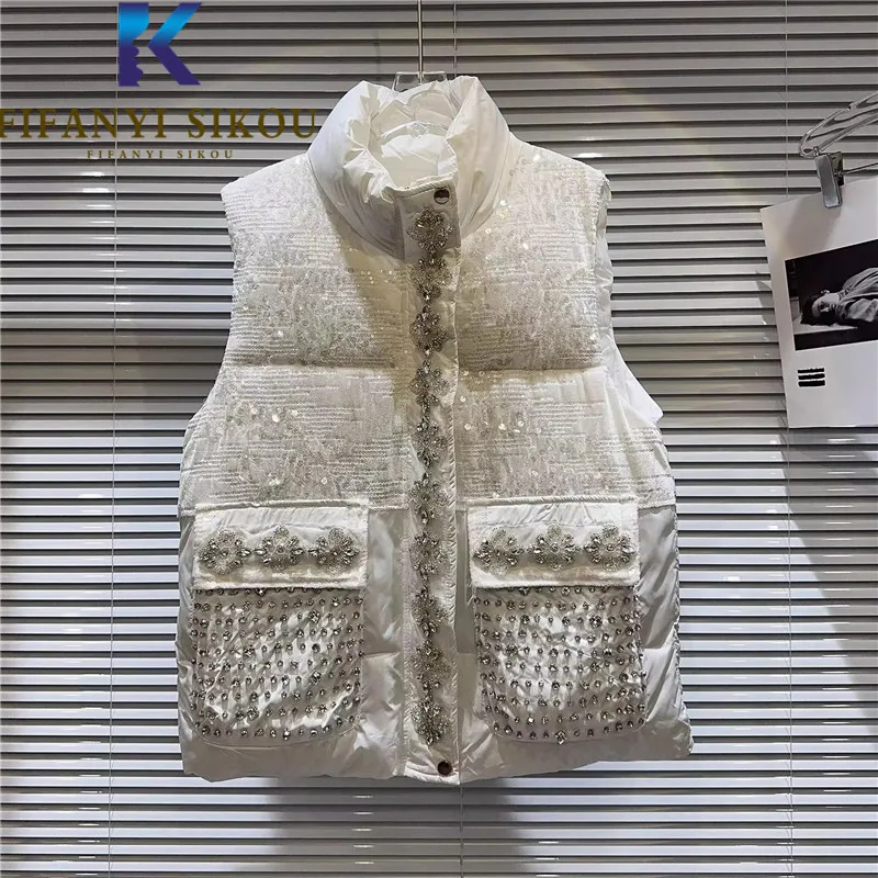 

Зимний женский пуховик без рукавов, Модный хлопковый жилет с бриллиантами и блестками, женский свободный плотный теплый жилет с большими карманами