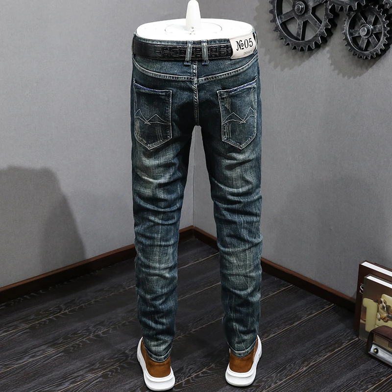 American Retro Scrape Jeans for Men2024High-End Men's Slim Fit Ankle-Tied Trendy Fashion Wash Classic Motorcycle Trousers