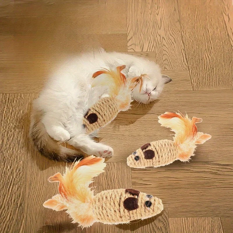 4pcs Sisal False Mouse Cat Toy Bite Resistance Stuffed Toy Interactive Cat Toy Simulation Mice Kitten Self-Playing Plush Toys