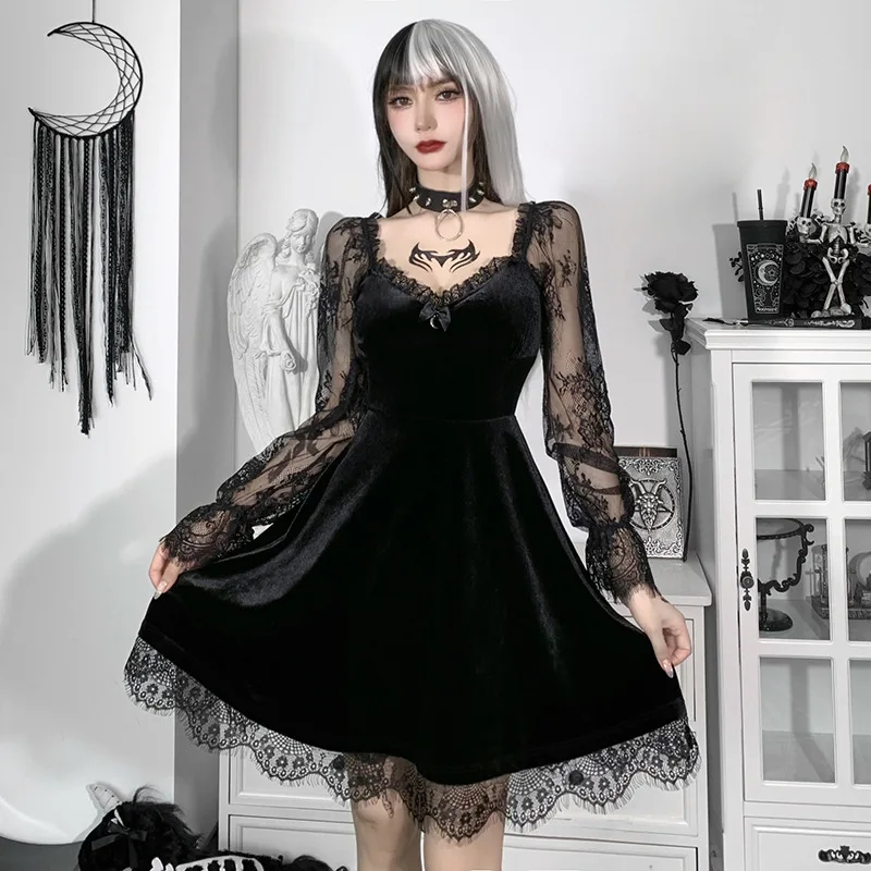 

Vintage Gothic Halloween Medieval Party Mini Dress Black Flared Sleeve Y2K Sexy Lace Velvet Hip Hop Aesthetic Cosplay Costume