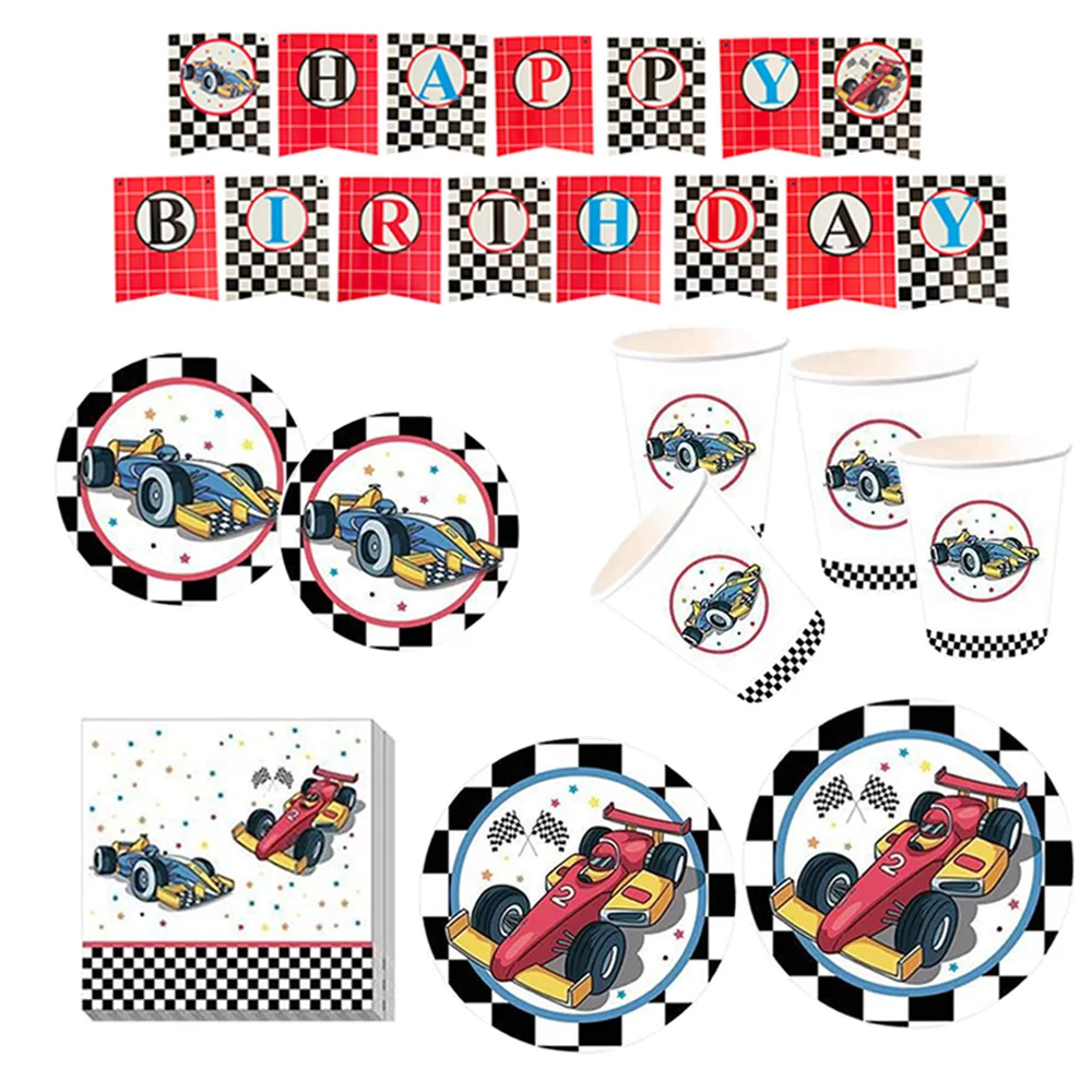 

Racing Car Baby Shower Birthday Party Supplies Decorations Checked Race Theme Paper Plates and Napkins Set with Cups Banner