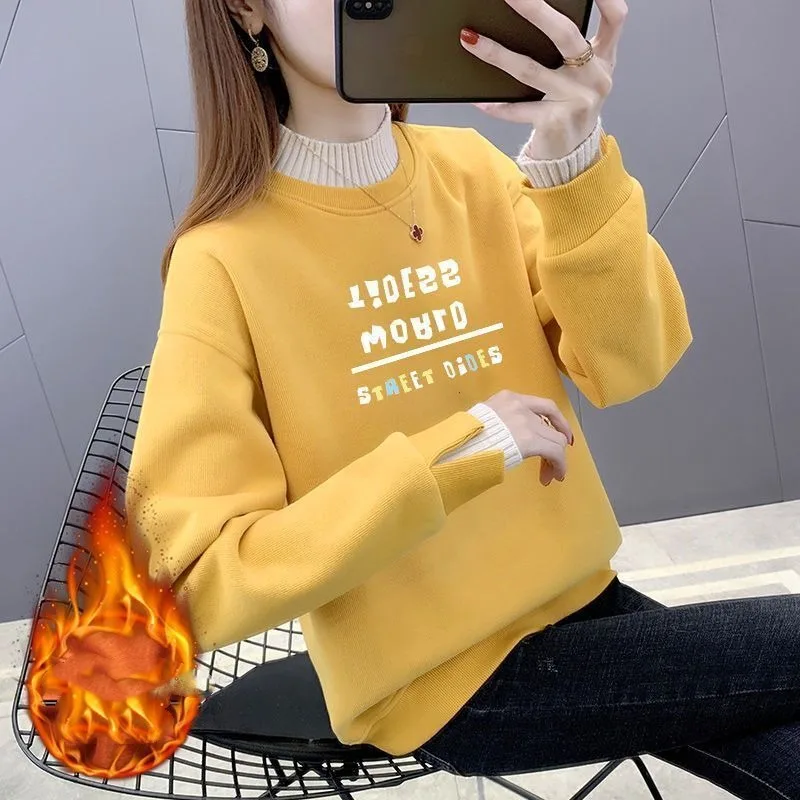 Women's Solid Color Pullover Ruffles Patchwork Printing Sweatshirts Autumn and Winter Korean Half High Neck Long Sleeve Tops