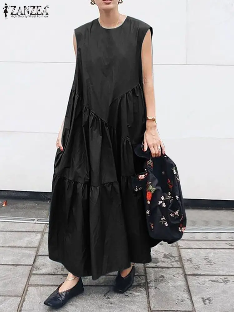 

ZANZEA Women Oversized Long Robe Holiday Asymmetrical Stitching O-neck Sleeveless Sundress Fashion Streetwear Tiered Maxi Dress