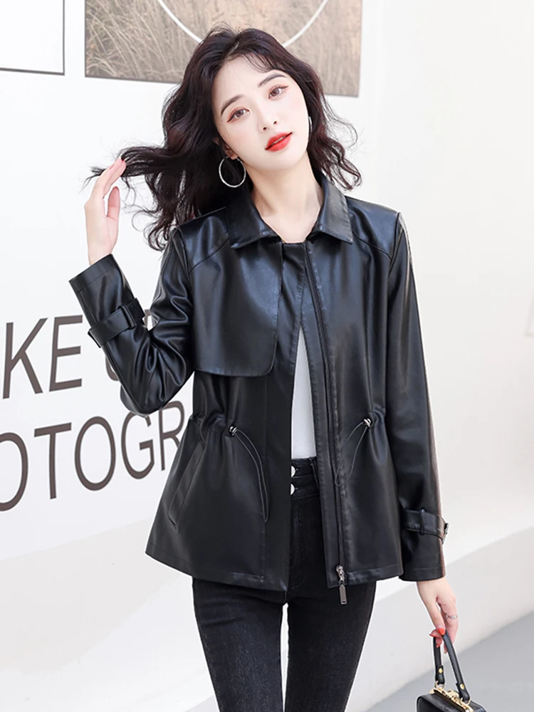 New Women Leather Coat Spring Autumn Fashion Casual Turn-down Collar Drawstring Waist Sheep Leather Trench Coat Loose Outerwear