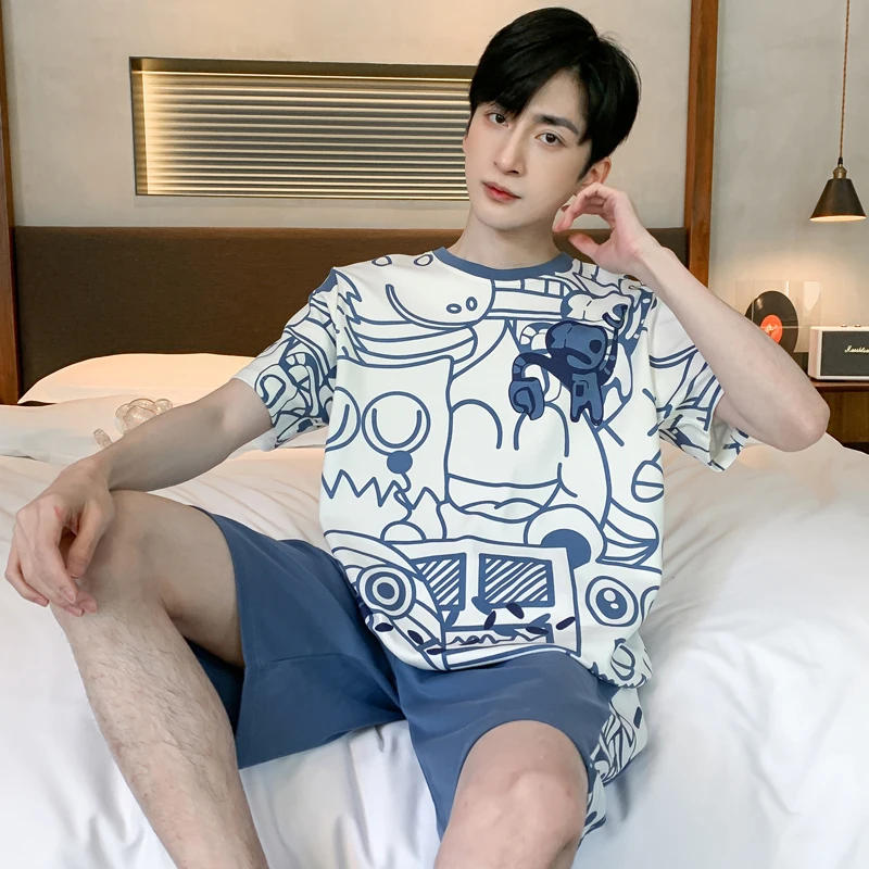 2024 Summer Sleepwear Mens Pajamas Casual Short Pants Sets Pyjamas For Man Cartoon Nightwear Suits New Pijamas Room Loungewear