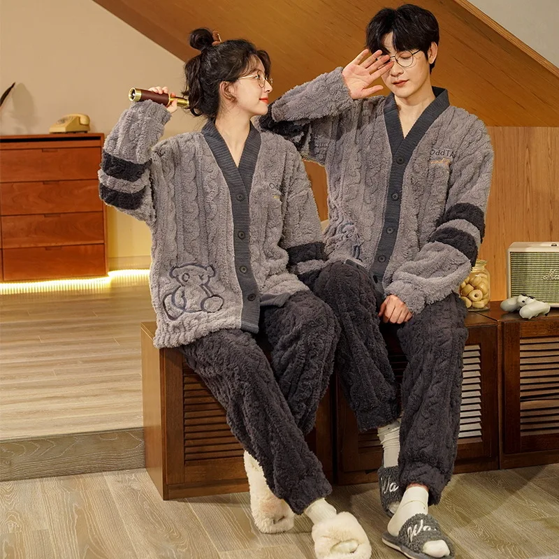 Kimono Winter Coral Fleece Sleepwear for Couples Women and Men Matching Pajamas Set Thicken Homewear Male Female Pijamas Mujer