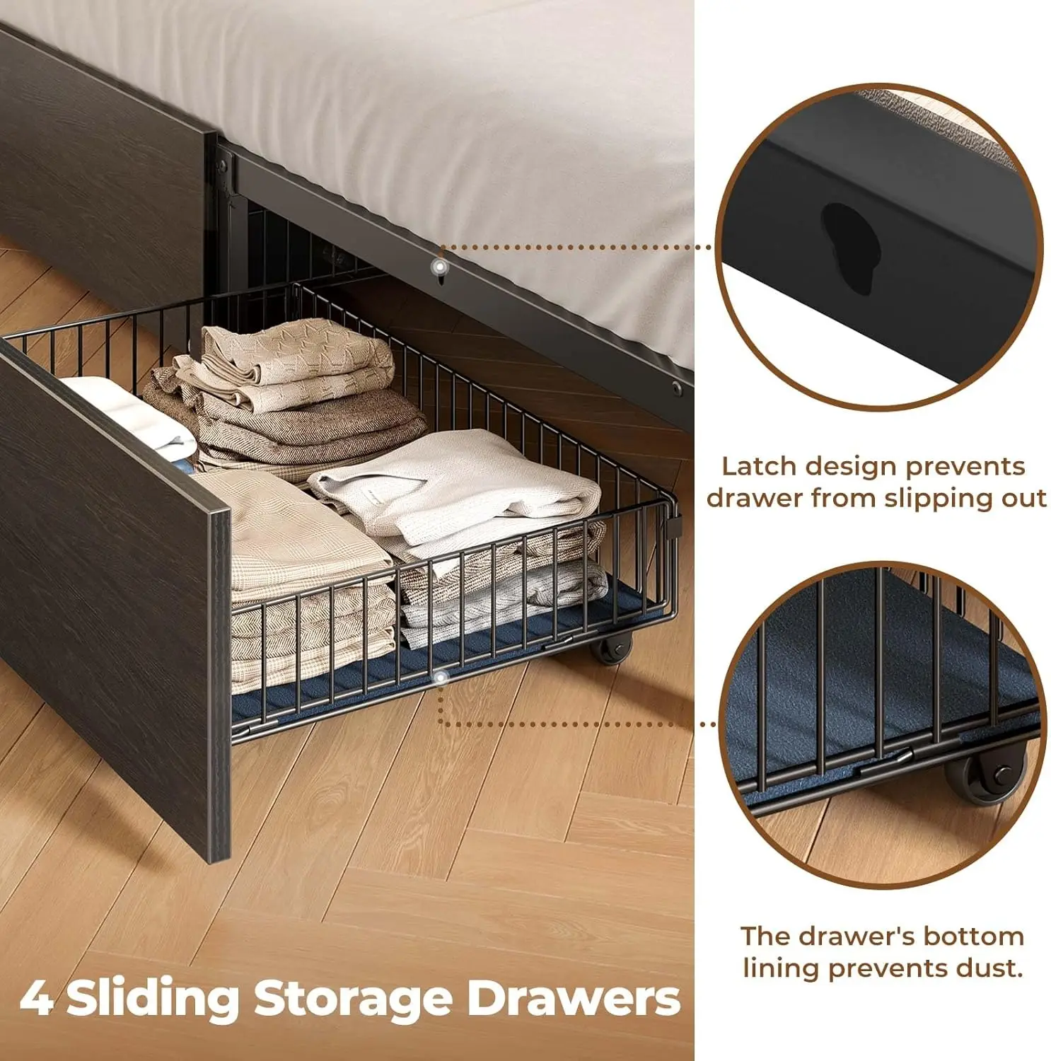 Bed Frame with Storage Headboard, Metal Platform Charging Station, LED 4 Drawers, Bookcase Storage, No Box Sprin 6