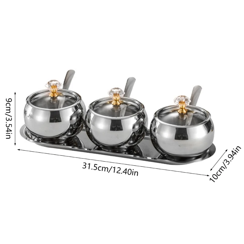 304 Stainless Steel 3 Compartments Spices Jar Set with Serving Spoons and Tray