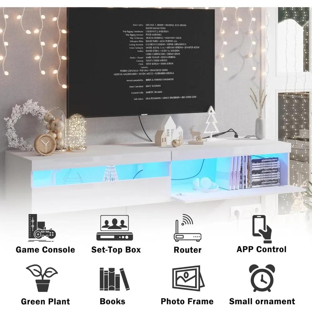 New2025-Floating TV Stand with Led Lights, 71 inch Wall Mounted TV Shelf with Power Outlet, Modern Entertainment Center Media Co