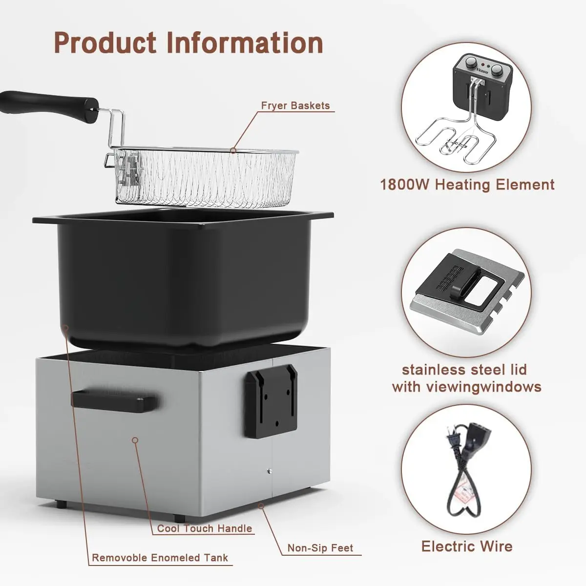 1800W 5 Liters/21 Cups Large Electric Deep Fryer with 3 Frying Baskets for Home Use, Adjustable Temperature,View Window Lid 2