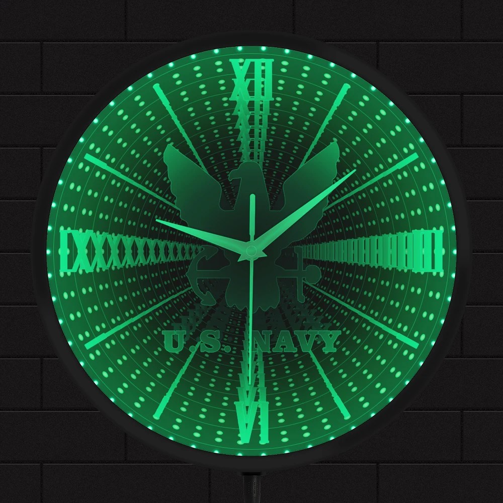 

United States Navy Logo Infinity Mirror Luminous Wall Clock US Military Service Branch Airplane Tunnel Lamp Watch For Man Cave