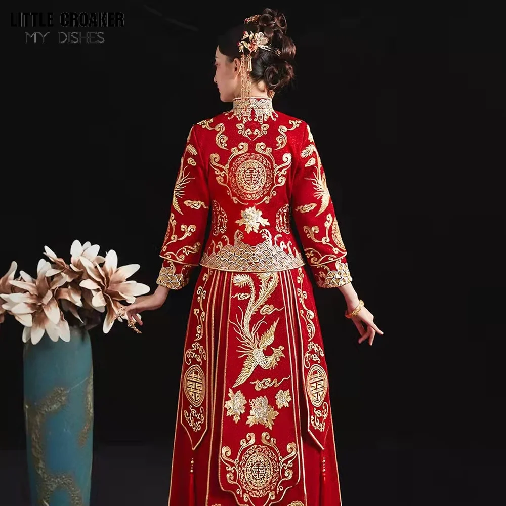 Modern Cheongsam Top + Skirt Suit Red Qipao Long Chinese Traditional Wedding Dress Oriental Style Xiuhefu Dresses