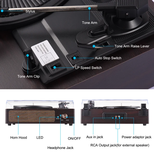 Tourne-disque vinyle rétro, haut-parleurs intégrés, Vintage, Gramophone, 3  vitesses, BT5.0, sortie RCA AUX-in Line-out - AliExpress