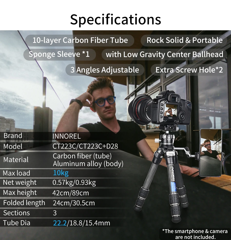 Load 10kg CT223C Mini Tabletop Tripod 10-Layer Carbon Fiber Compact Desktop Trip