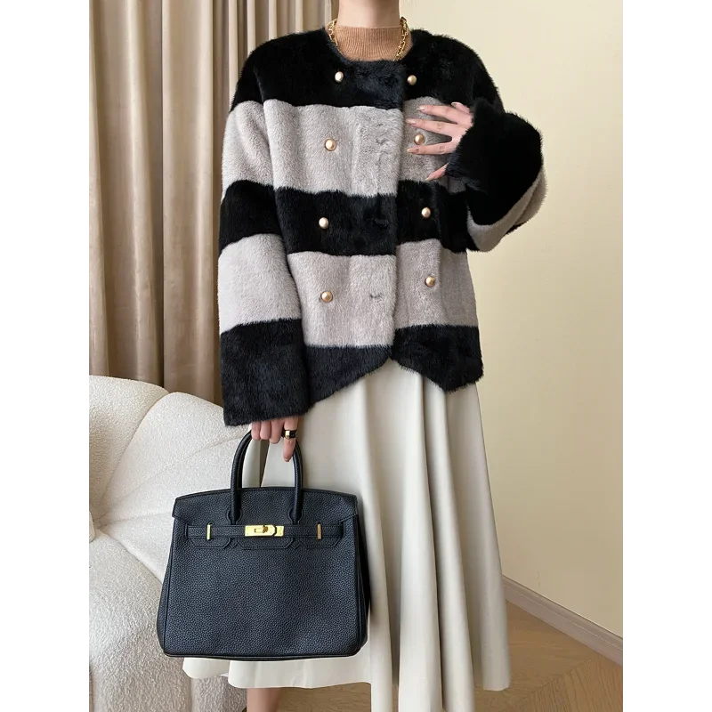 Women Fake Fur Thick Autumn Winter Black White Contrast Small Fragrance Casual Luxury Simple Loose Fashion Warm French Fur Coat
