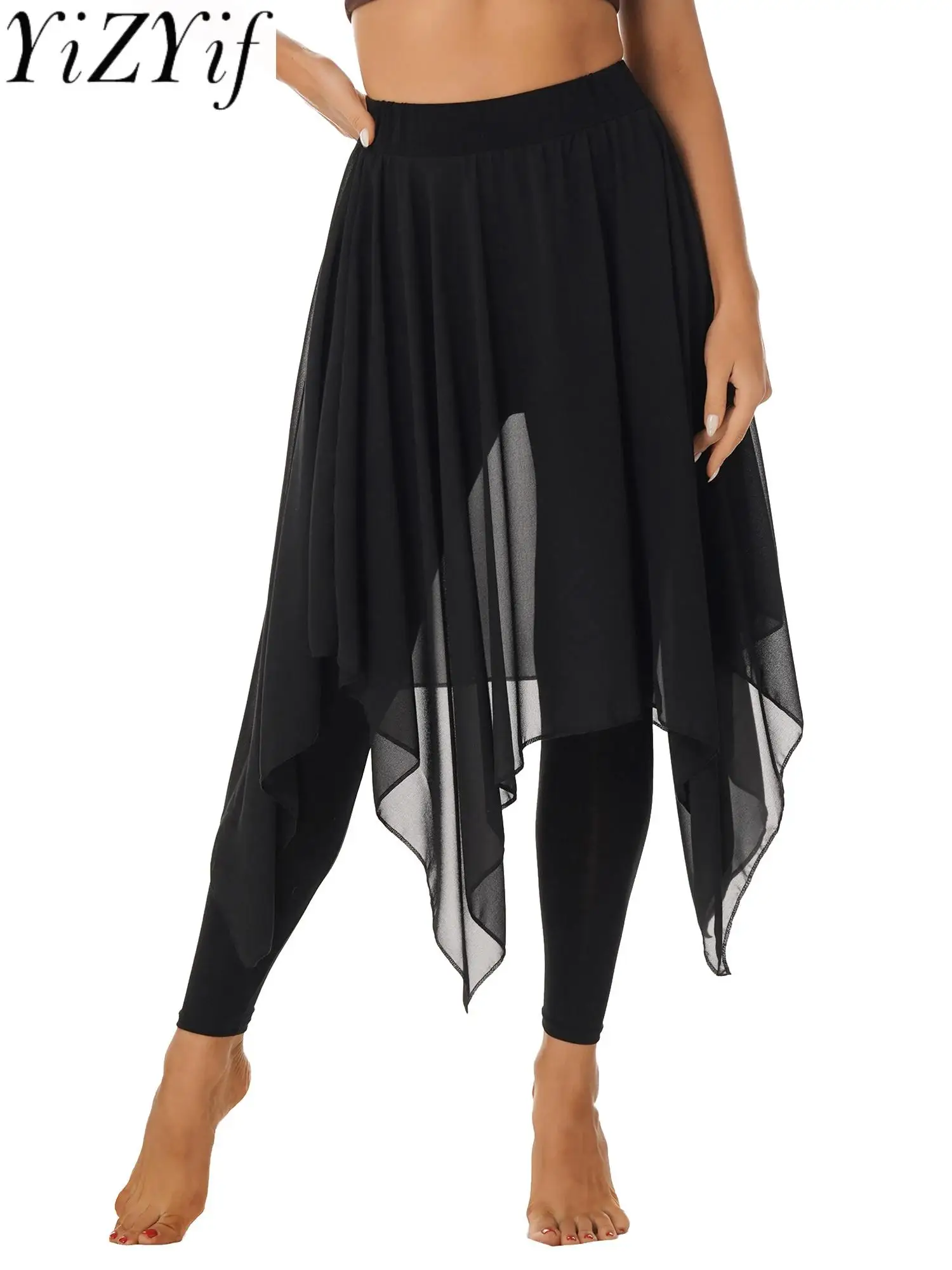 

Women Ballet Training Clothes Asymmetrical Hem Sheer Chiffon Skirts Woman Elastic Waistband Leggings Skirts Ballet Dance Skirts
