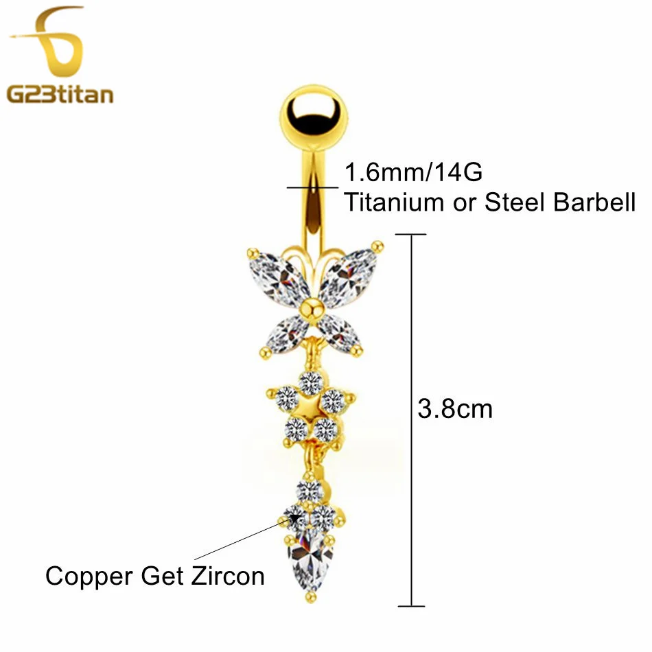 Belly Button Ring Jewelry G23titan CZ Zircon Butterfly Dangle Belly Button Ring 14G Titanium Barbell Navel Bar Body Piercing Jewelry Women Sex Accessories