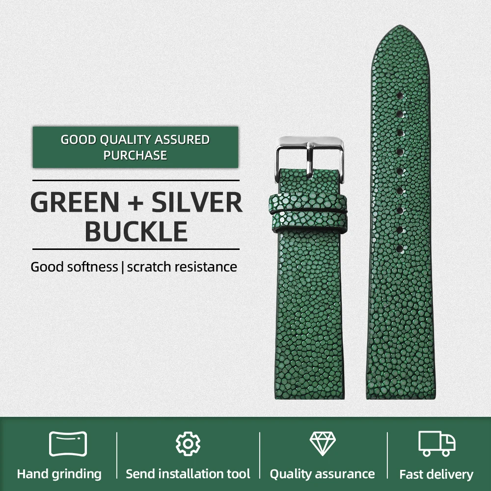 Luxurious Handmade Pearl Fish Leather Watchband - High-End Vintage Bracelet in Black, Blue, and Green Genuine Leather
