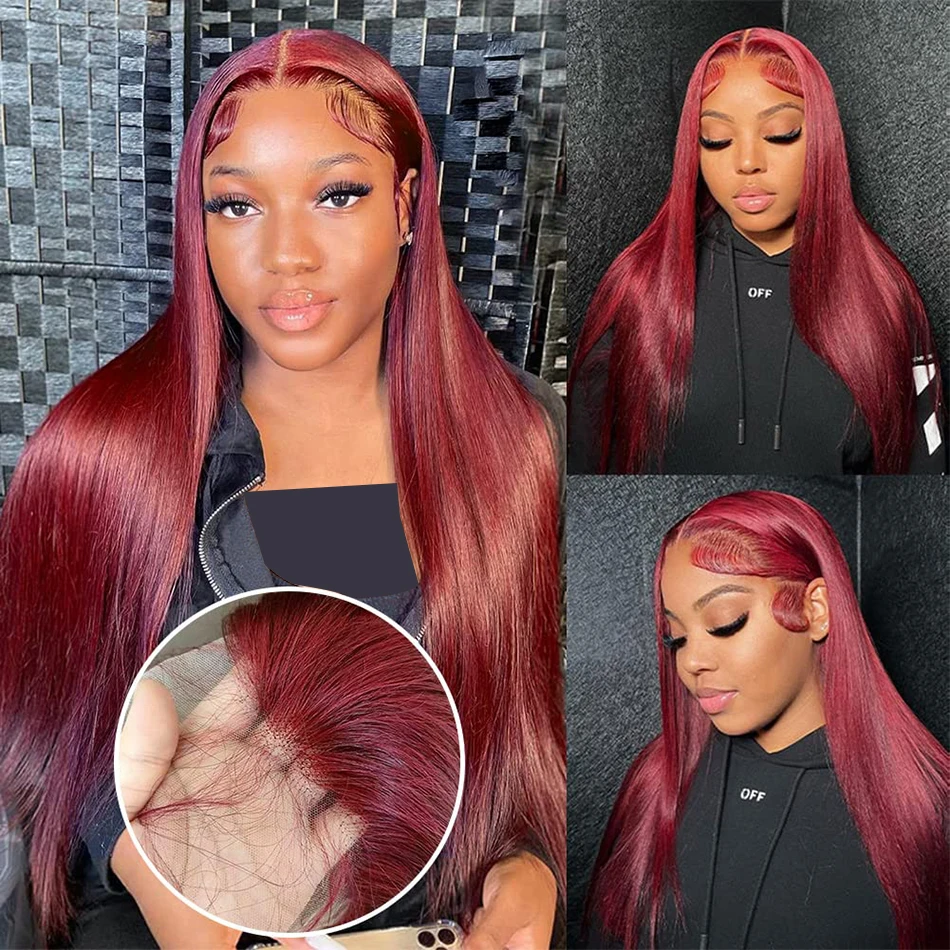 250 Density 99J Burgundy 13x6 Lace Frontal Human Hair Wigs Brazilian Colored 30 40 Inch Straight Red Lace Front Wigs Human Hair 4