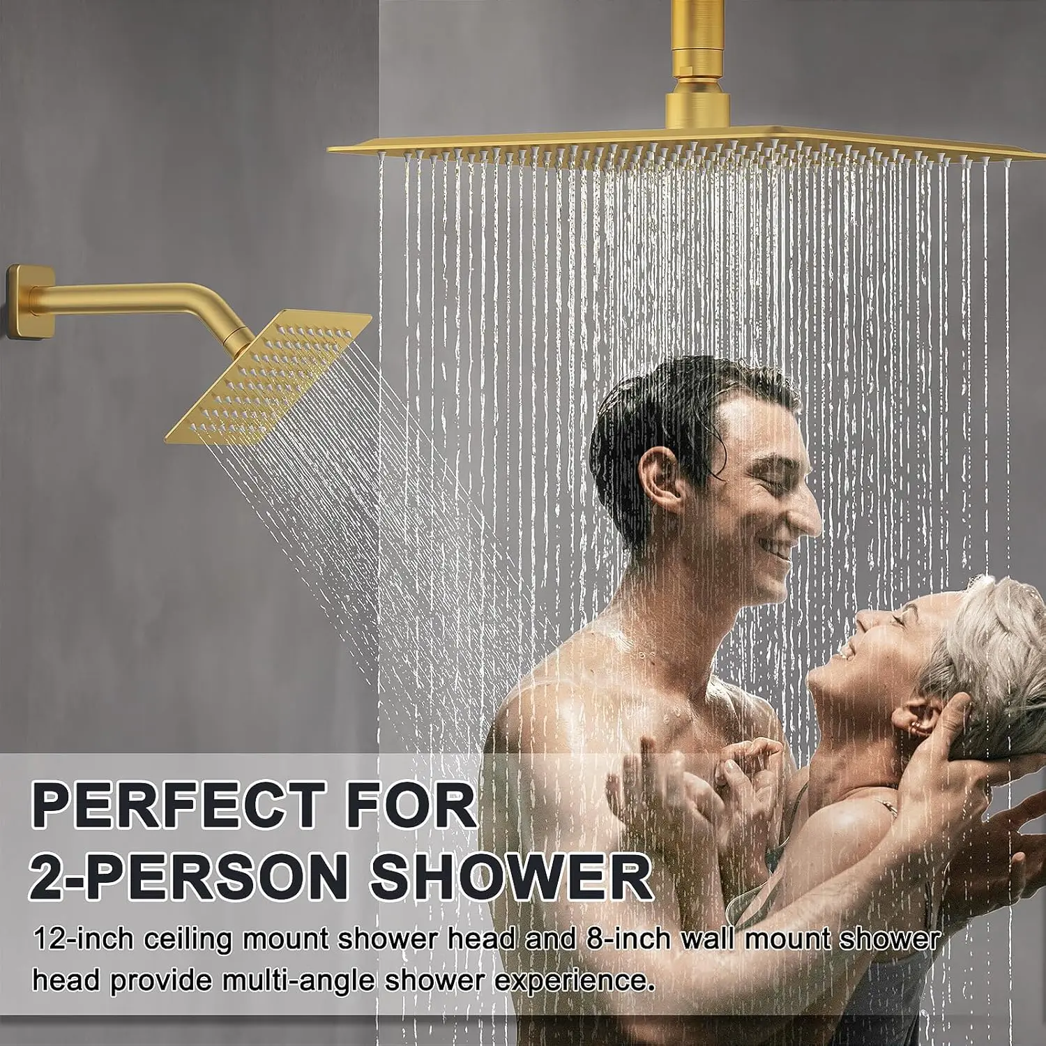 Thermostatic Shower System with Adjustable Water Flow Push Button Diverter Square Dual Shower Heads Faucet Set 3