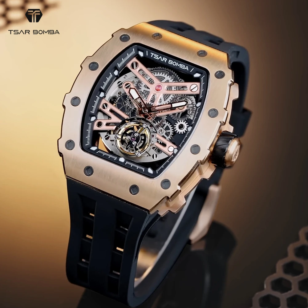 TSAR BOMBA Orologio da uomo 50 m impermeabile Tonneau Cassa in acciaio