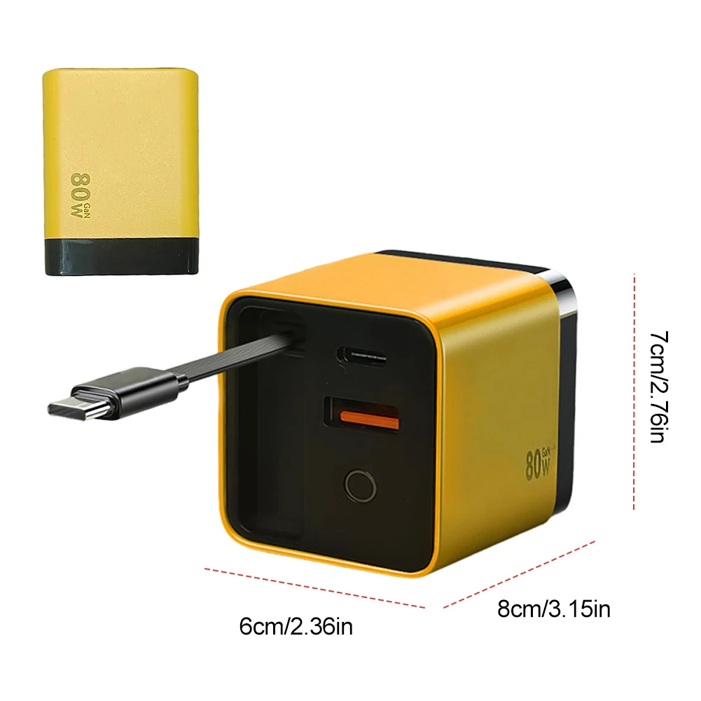 3 in 1 Fast Charger Block GaN Charger Retractable Phone Wall Plug GaN Phone Charger with Type-C Cable and 2 USB Ports for Phone