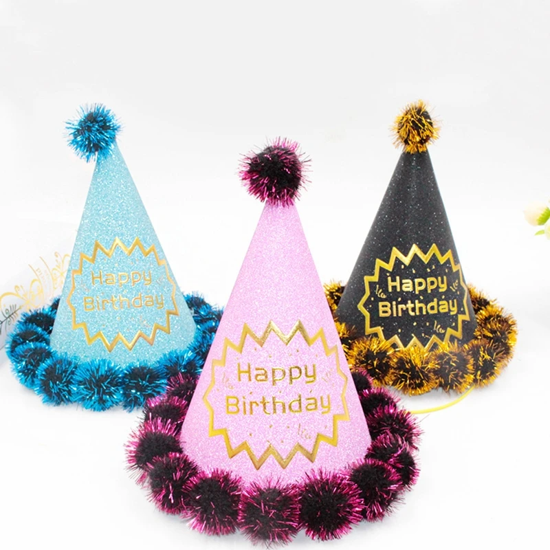 Adults Teenager Kids Birthday Party Hat with Pompoms Cartoon Cone Boys Girls Headgear for Festival Decoration Paper Bithday Caps