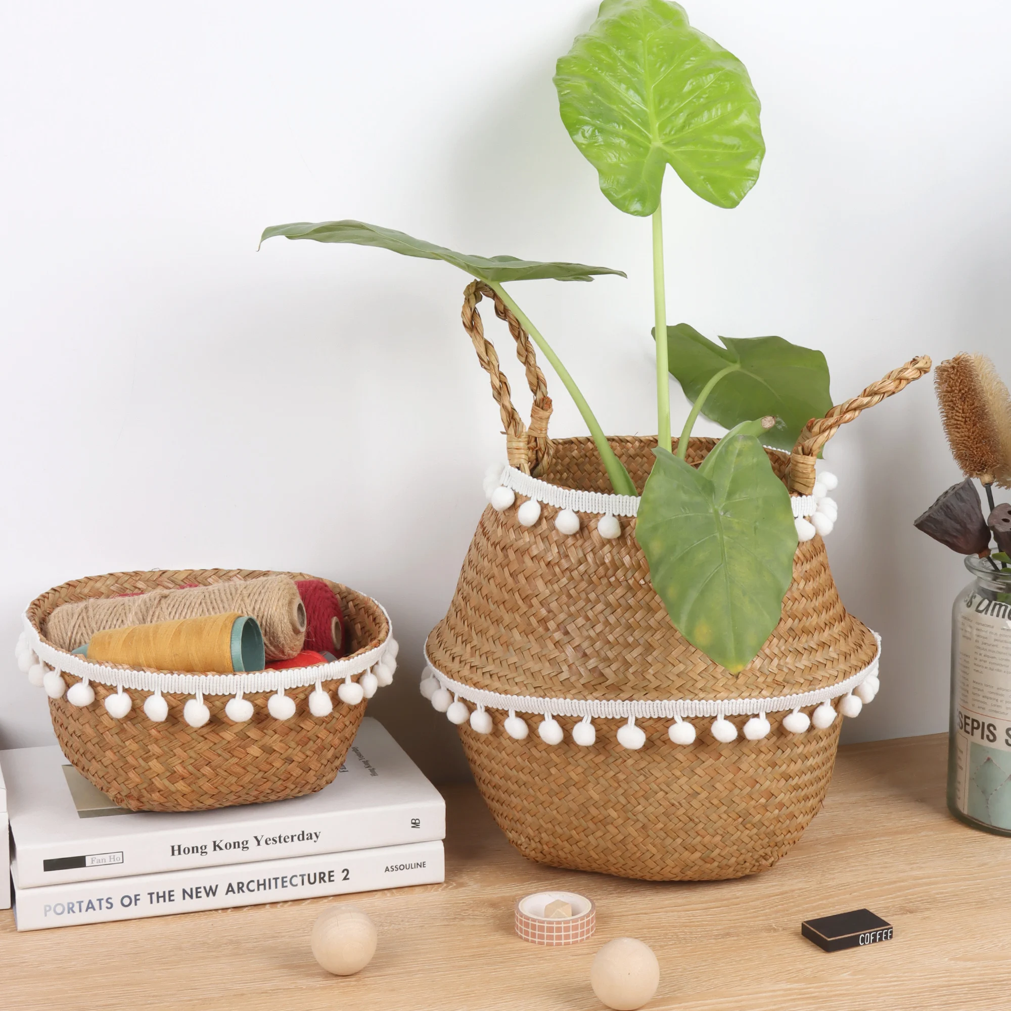 Cesto portaoggetti in alghe marine fatto a mano, pieghevole, per bucato, paglia, vimini, rattan, alghe marine, pancia, giardino, vaso da fiori, decorazioni per la casa, fioriera  15