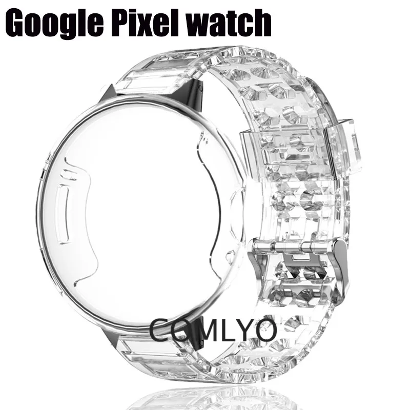 

2in1 Band For Google Pixel Watch Strap TPU Clear Soft Bracelet + Case Full Cover Soft Protective Shell Bumper