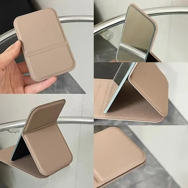Miroir de maquillage de bureau en cuir PU solide, portable, simple, pliable, de poche, compact, mignon, pour étudiant 3