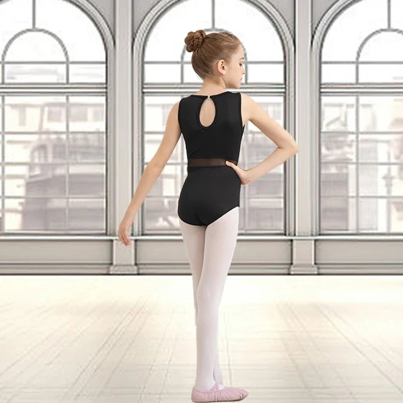 Ärmelloses Ballett-Tanz-Trikot für Mädchen, für Kinder, Spitze/Mesh-Spleißen, Tanzkleidung, hohler Rücken, Ballett-Tank-Body mit vollem Vorderfutter – Detail 12
