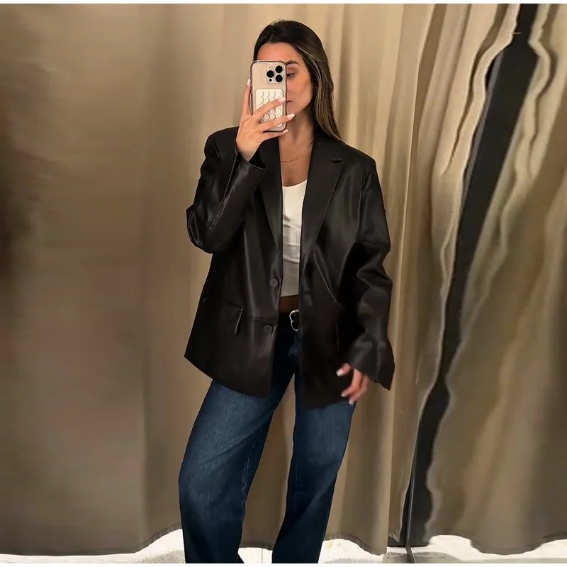 Mode Vintage Dunkelbraun PU Leder Blazer Frauen Revers Kragen Einreiher Taschen Mantel 2025, Herbst Casual Büro Oberbekleidung – Detail 7