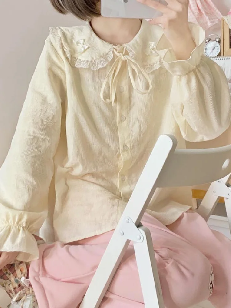 

Japanese Sweet Pink Yelloe Lolita Style Women Blouse Summer Peter Pan Collar Bow Lace Ruffles Blusas Preppy Style Cute Shirt New