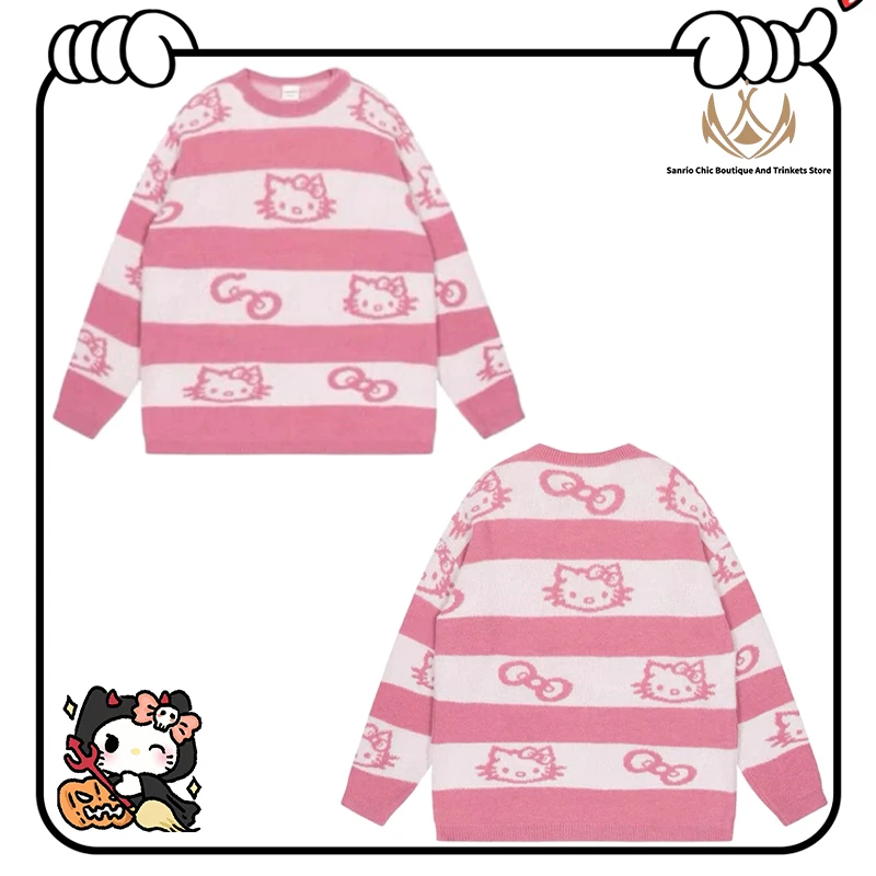 

College Style Sanrio Hellokitty Print Women's Round Necks Casual Knitwear Autumn Kawaii Loose Fit Striped Jacket Girls Gift