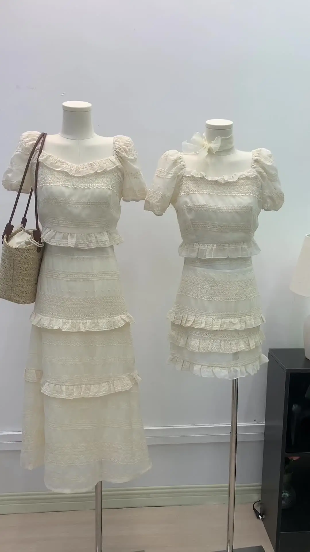 

Summer Short Skirt Suit Women's Puff Sleeves Ruffle Cropped Shirt Short Lace Skirt Two-piece