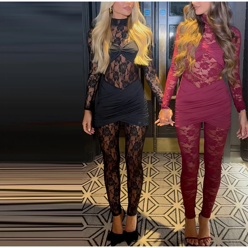 Mono sexy de encaje de manga larga de una pieza para mujer, mono ajustado con cuello alto, mono transparente para fiesta y club, primavera 2025
