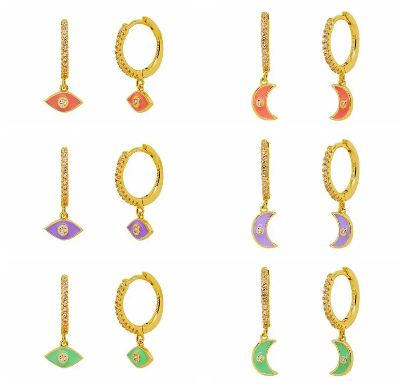 

925 Sterling Silver Needle Colorful Enamel Evil Eyes Moon Pendant Hoop Earrings for Women Pave Crystal Earrings Fashion Jewelry