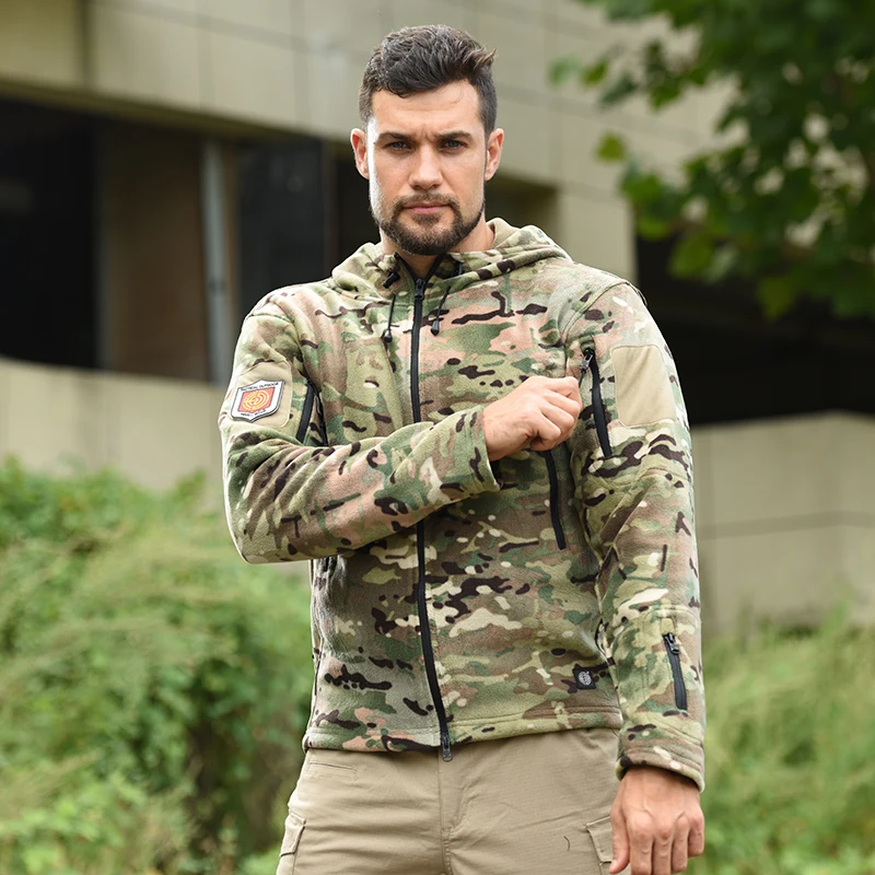 Chaqueta táctica de lana con cremallera completa para hombre, ropa militar de camuflaje, chaqueta térmica con capucha, abrigos de trabajo, prendas de vestir, rompevientos