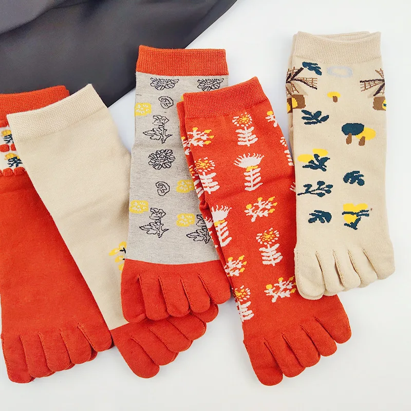 

Носки с пятью пальцами, женские хлопковые носки с разрезом, милые жаккардовые женские носки