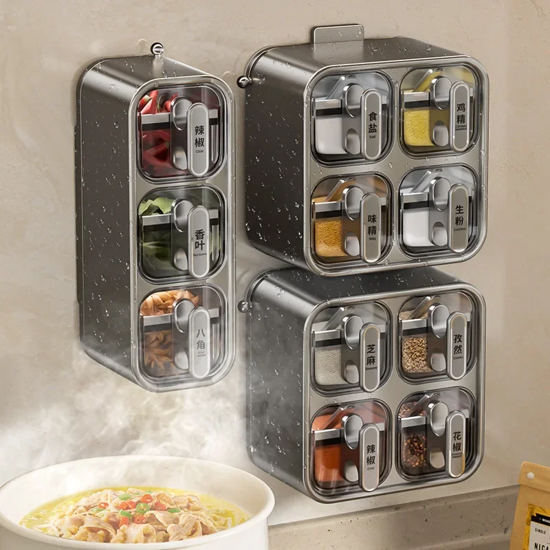 Wall-mounted Seasoning Jar Pot Seasoning Box Spice Jars Set Rack Tool Spice Container Storage Organizer Spices Herbs Products