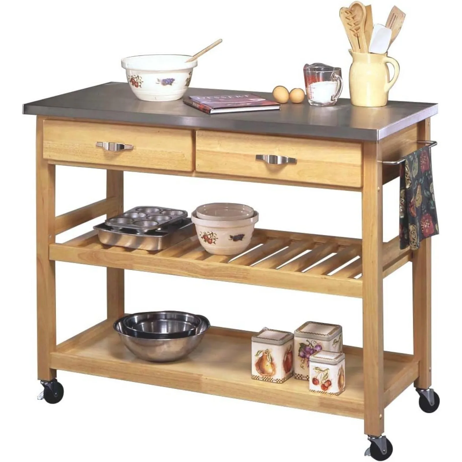 US Home Styles Natural Designer Utility Kitchen Cart with Stainless Steel Top, Two Utility Drawers, Adjustable Shelf and