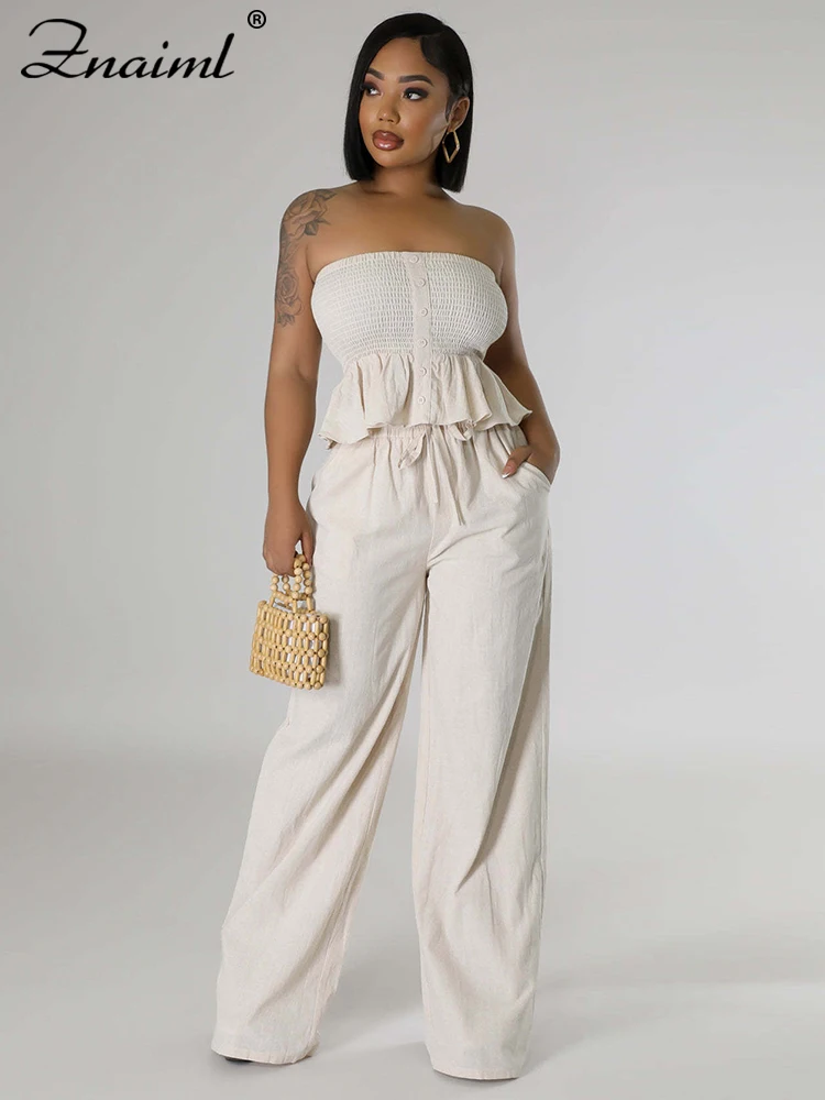Znaiml Summer Off Shoulder Strapless Wrapped Chest Top andStraight Leg Pants Two 2 Pieces Women's Green Set Birthday Clubwear