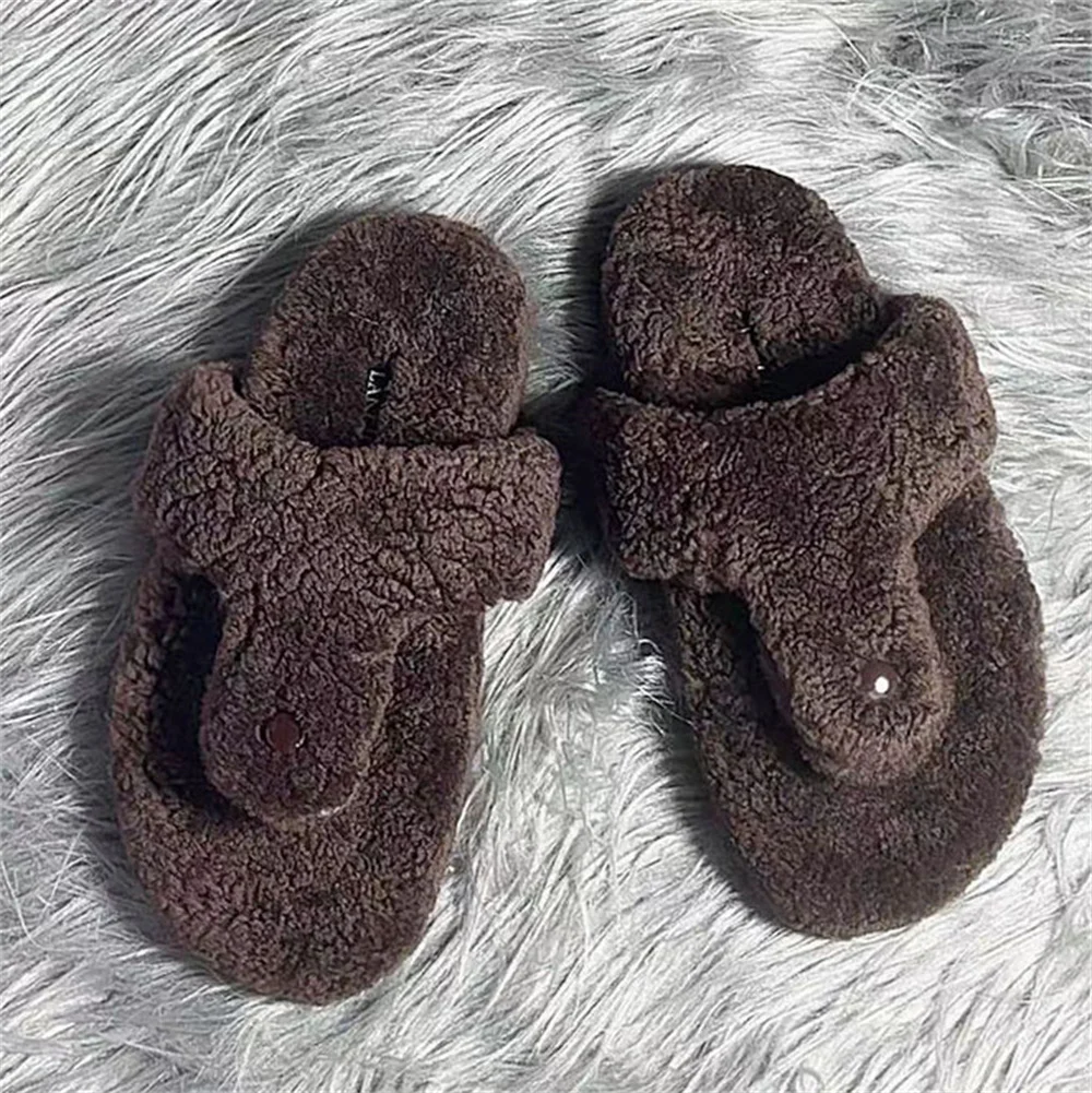 Großhandel Flauschige Echte Lammfell-Damenpantoffeln Luxus-Hausschuhe für Frauen Flache Rutschfeste Bequeme Schuhe für Drinnen und Draußen – Detail 13