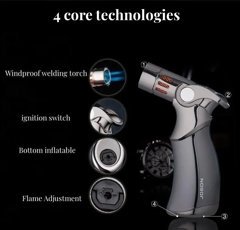 Description Picture 6 of itemJOBON Hot Sale 4 Flame Direct Flush Turbo Torch Butane Gas Lighter H Flame Adjustable Wormwood Cigar Special Windproof Lighter