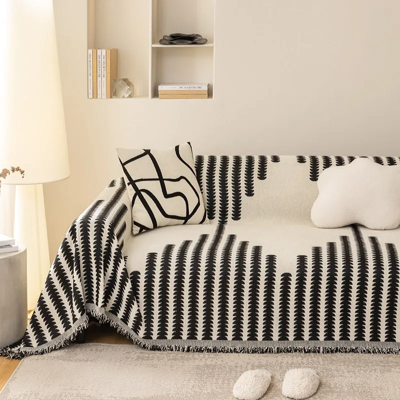 1pc Chenille Sofa Towel & 1pc Waffle Pillow Case, Sofa Towel for Living Room French Style Home Decor Sofa Cover Tassel Edge 6