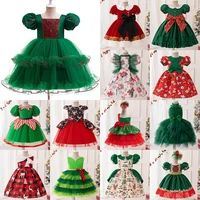Girl Christmas Cartoon Santa Claus Snowflake ‌Reindeer Print Princess Dress Kid Bowknot Xmas Party Costume Festival Elegant Gown