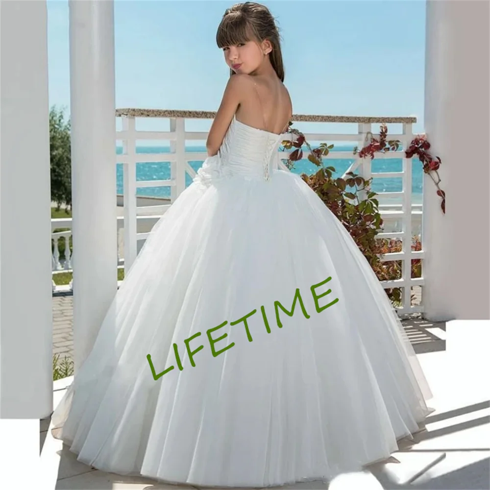 

White Flower Girl Dress For Wedding Tulle Puffy Applique Sleeveless Floor Length Birthday Party Pageant Evening Banquet Gowns