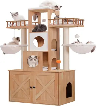 Cat Tree with Litter Box Enclosure for Indoor Big Cat Tower for Large Cats 20 lbs Heavy Duty Modern Cat Condo Furniture 1