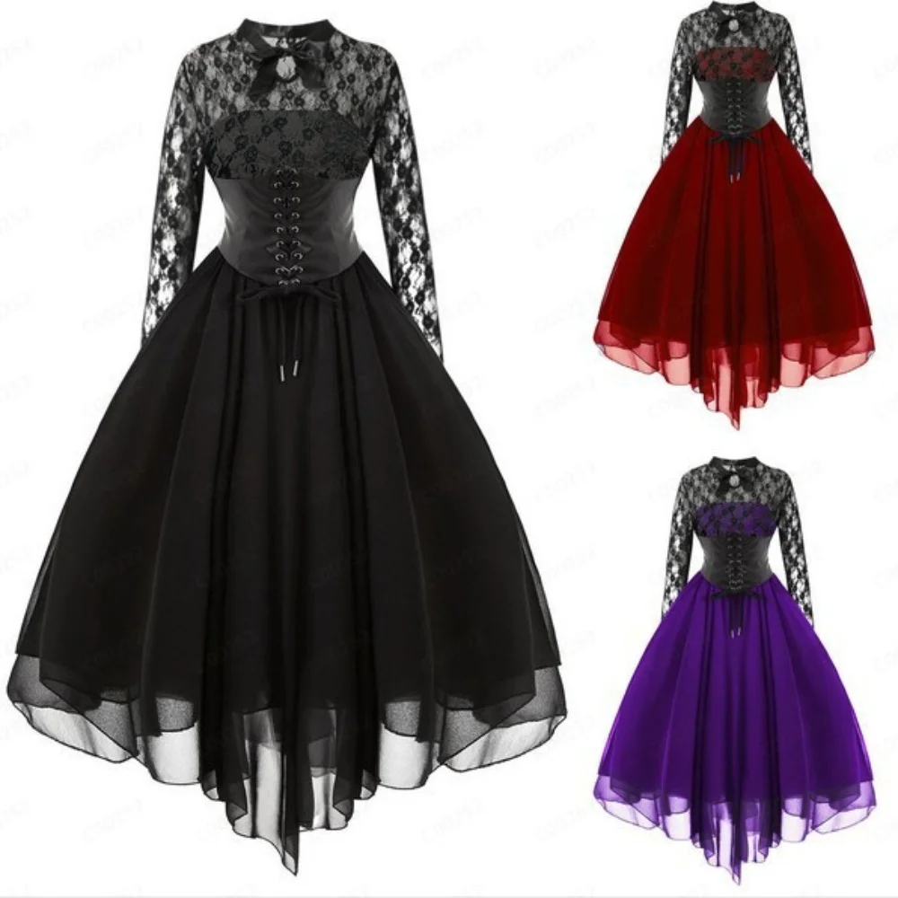 

Women Solid Gothic Punk Vintage Party Dresses Sleeveless Cross Backless Lace Patchwork Halter Lace Up Court Corset Swing Dresses